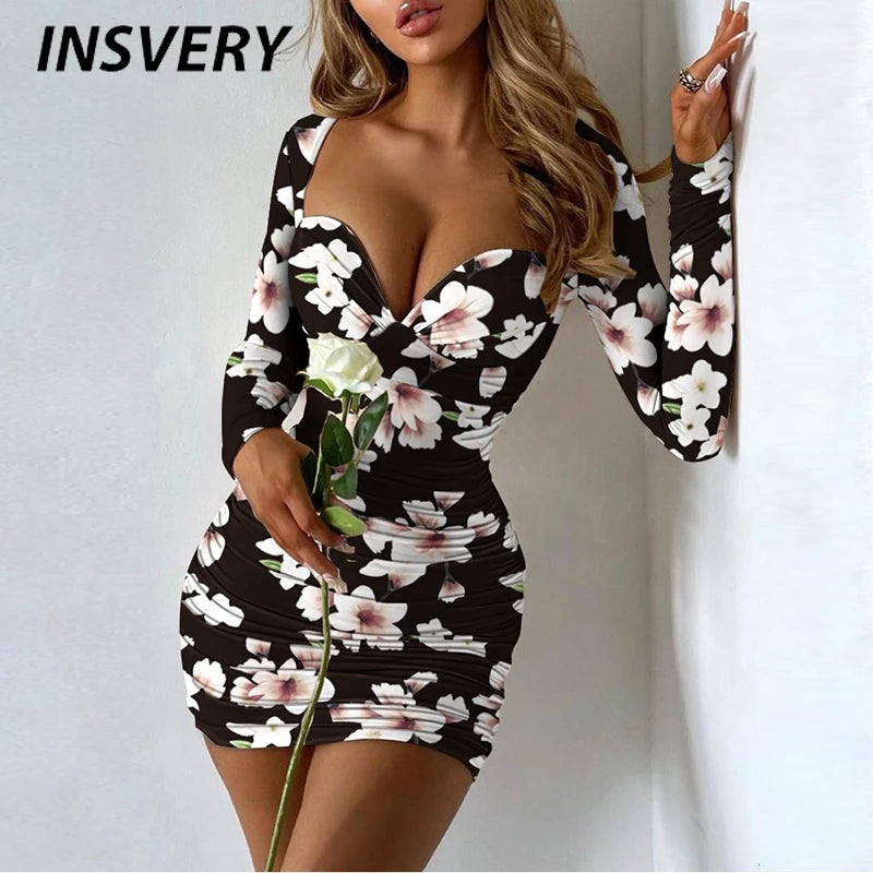 Elegant Ladies Dress Boho Long Sleeve V Neck Party Dress Women Fashion Short Dress